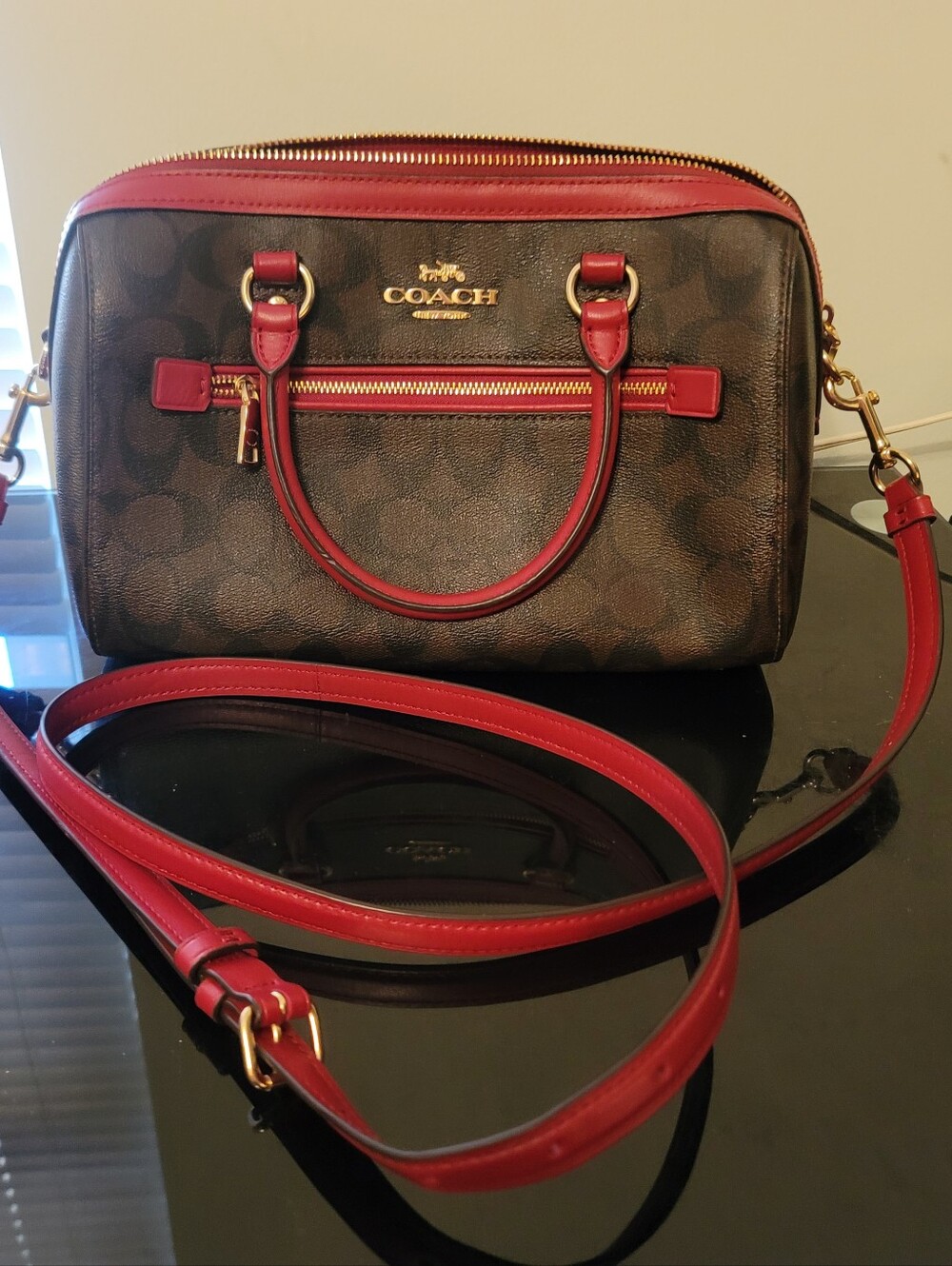 Coach Brown Signature Crossbody Satchel with Red Trim